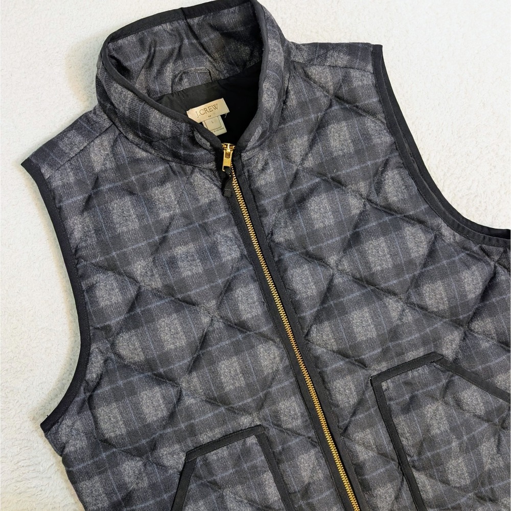 J Crew Puffer Vest Womens L‎ Gray Harringbone Plaid Quilted Goose Down Full Zip